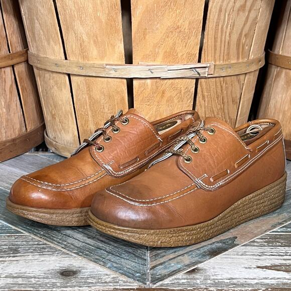 Knapp Shoes Tan Leather 4-Eye Vintage USA 70s Platform Crepe Oxfords Mens 9.5 D main image 12